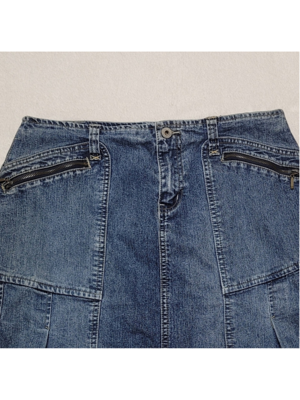 Vintage 90s Carolina Blues High Waist Stretchy Mid Wash Pleated Micro Mini Skirt - Picture 3 of 9